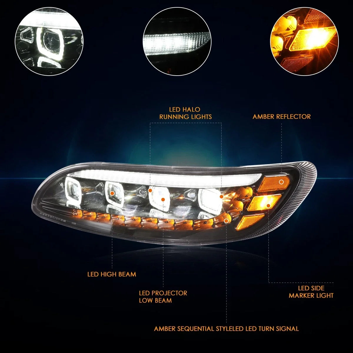 Set of 2 Quad LED Halo Sequential Signal Projector Headlights for Peterbilt 337 348 (2010–2020)