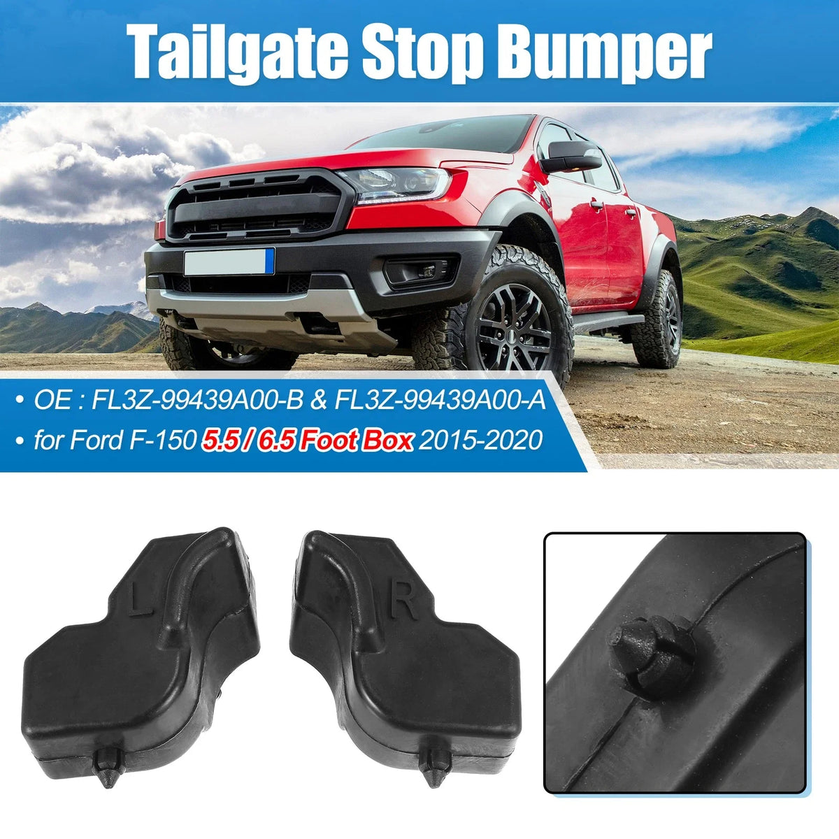 1 Pair Rubber Tailgate Stop Bumper FL3Z-99439A00-B FL3Z-99439A00-A for Ford F150 (2015–2023)