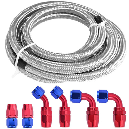 12FT 6AN Braided Stainless Steel Fuel Line Hose with 6 Pcs Silver Fittings