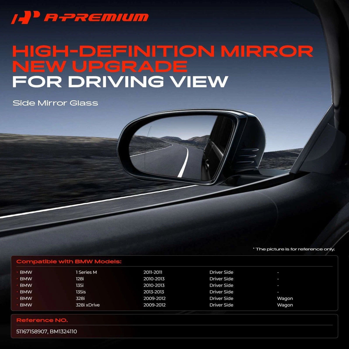 Driver Blue Power Mirror Glass with Heated for BMW 328i xDrive 135i (2012–2013) - 51167158907