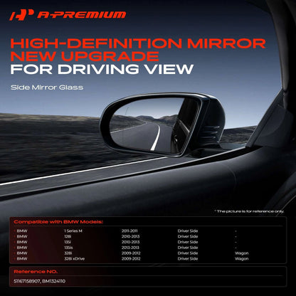 Driver Blue Power Mirror Glass with Heated for BMW 328i xDrive 135i (2012–2013) - 51167158907