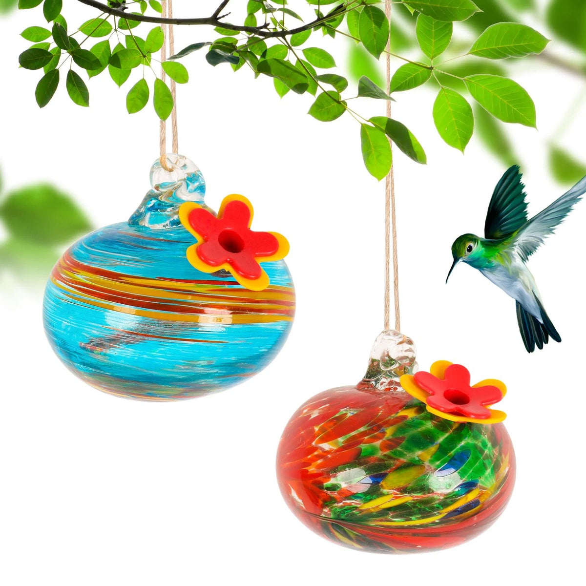 2X Blown Glass Hummingbird Feeder for Outdoors - Ant & Bee Resistant