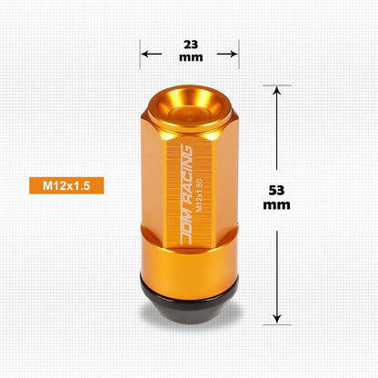 Set of 20 M12X1.5 Orange JDM Cone Seat Hex Wheel Lug Nuts with Cap & Extension