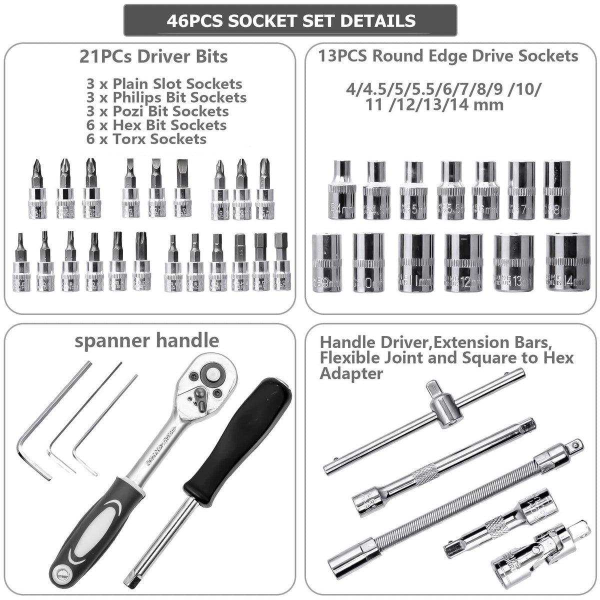 46PCS 1/4 Inch Drive Socket Set for Automotive Repair (No Specific Years)