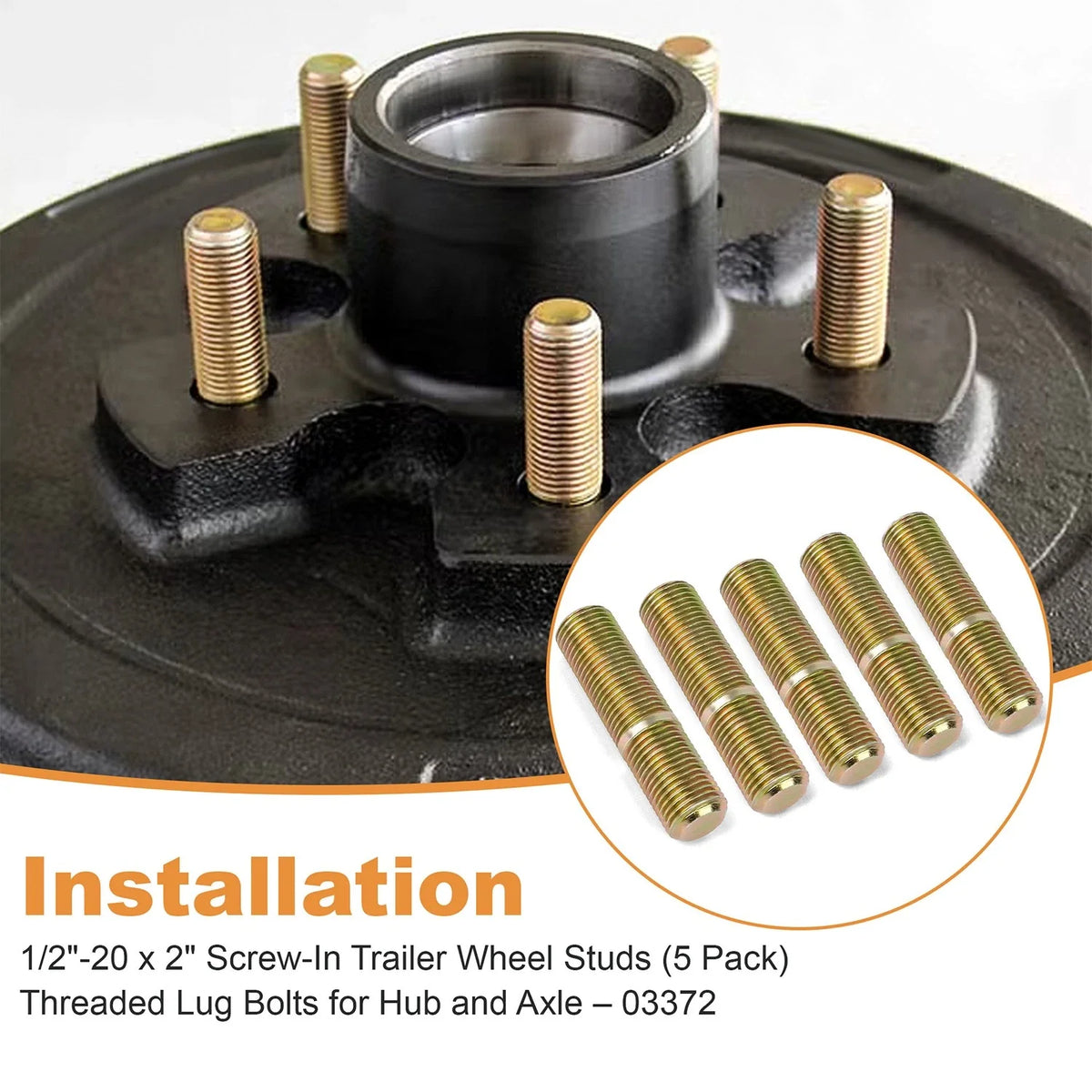 5 Pack Screw-In Trailer Wheel Studs 1/2"-20 x 2" for Hubs 03372