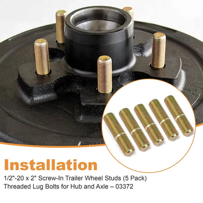 5 Pack Screw-In Trailer Wheel Studs 1/2"-20 x 2" for Hubs 03372
