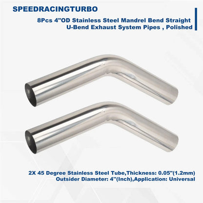 Stainless Steel Exhaust System Kit 4" Universal Straight U-Bend (8pcs)