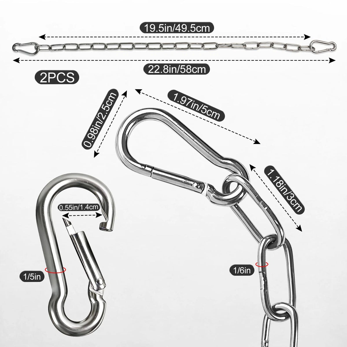 2X Stainless Steel Chains with 4 Carabiners, 25in 550LB