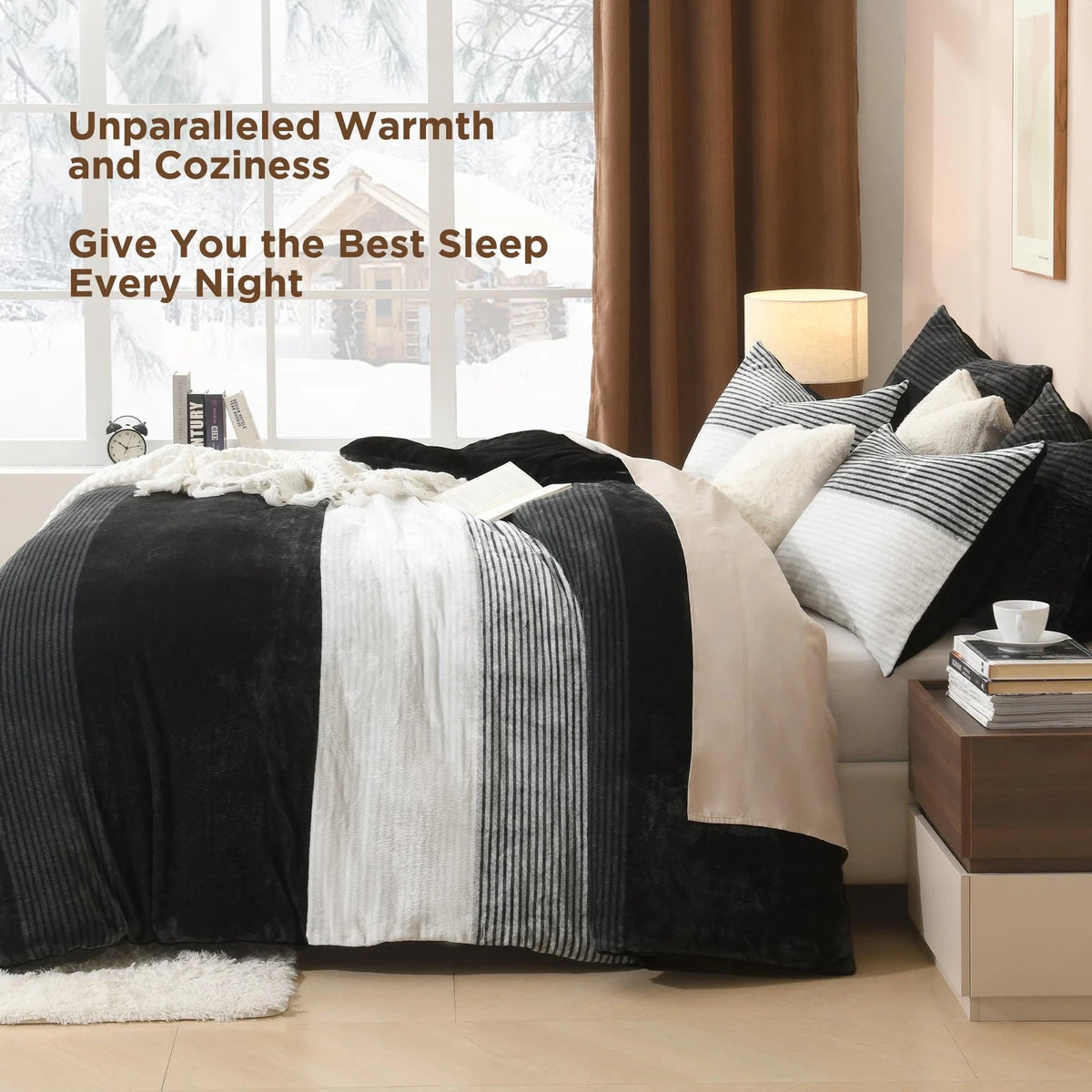 Set of 2 Fluffy Fleece Comforters for King Size (Luxury Soft Plush Black)