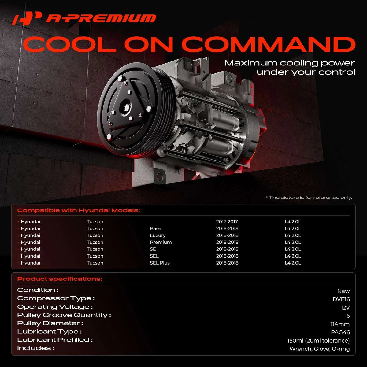 A/C Compressor with Clutch for Hyundai Tucson (2017–2018) 97701D3201, CO11578C