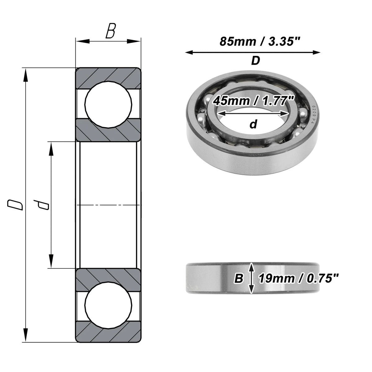 6209 Deep Groove Ball Bearing for Scooter Skateboard Wheel (45x85x19mm)
