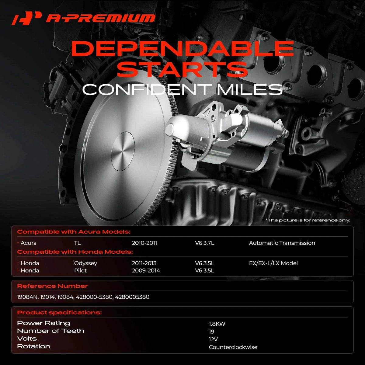 A-Premium Starter for Honda Pilot Odyssey Acura TL (2009–2014) 19084, 428000-5380, 19084N