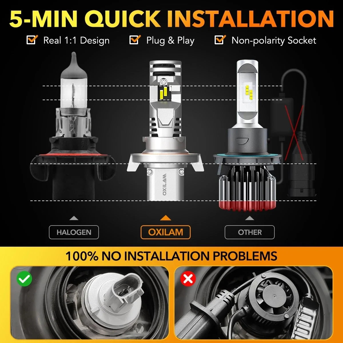 2X OXILAM H13 9008 LED Headlights 8000LM 6500K for