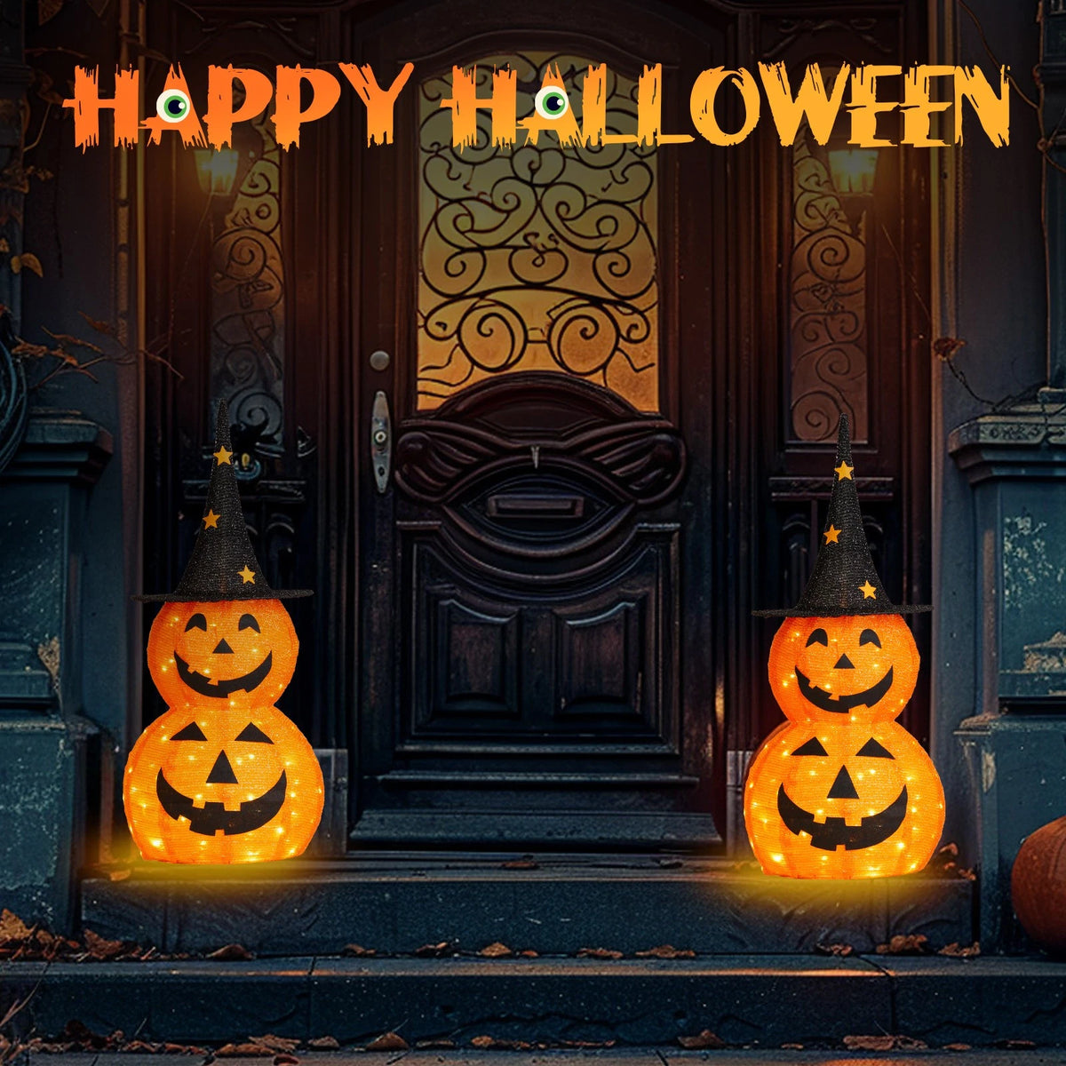 Set of 2 Collapsible Pumpkin Outdoor Decorations Pop Up Jack-o-Lantern