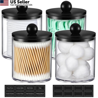 Set of 4 Acrylic Qtip Holder Dispensers for Cotton Swabs, Clear & Black