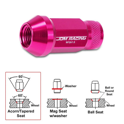 Set of 20 M12X1.5 Pink JDM Open End Cone Seat Wheel Lug Nuts + 25mm Extension