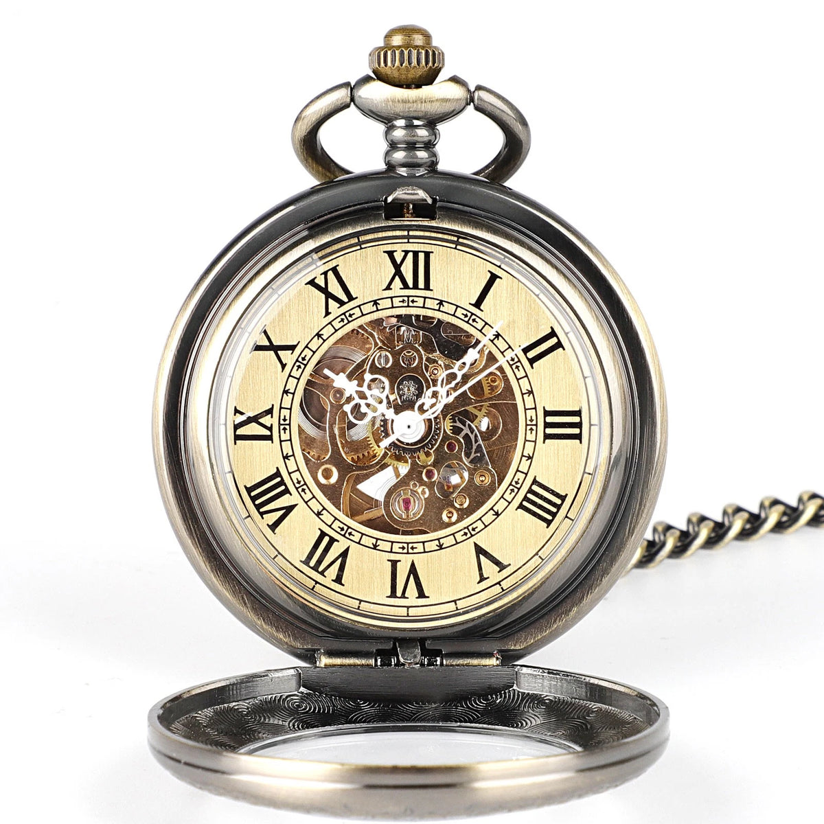 Antique Smooth Hollow Dial Mechanical Pocket Watch with 14.8in Chain
