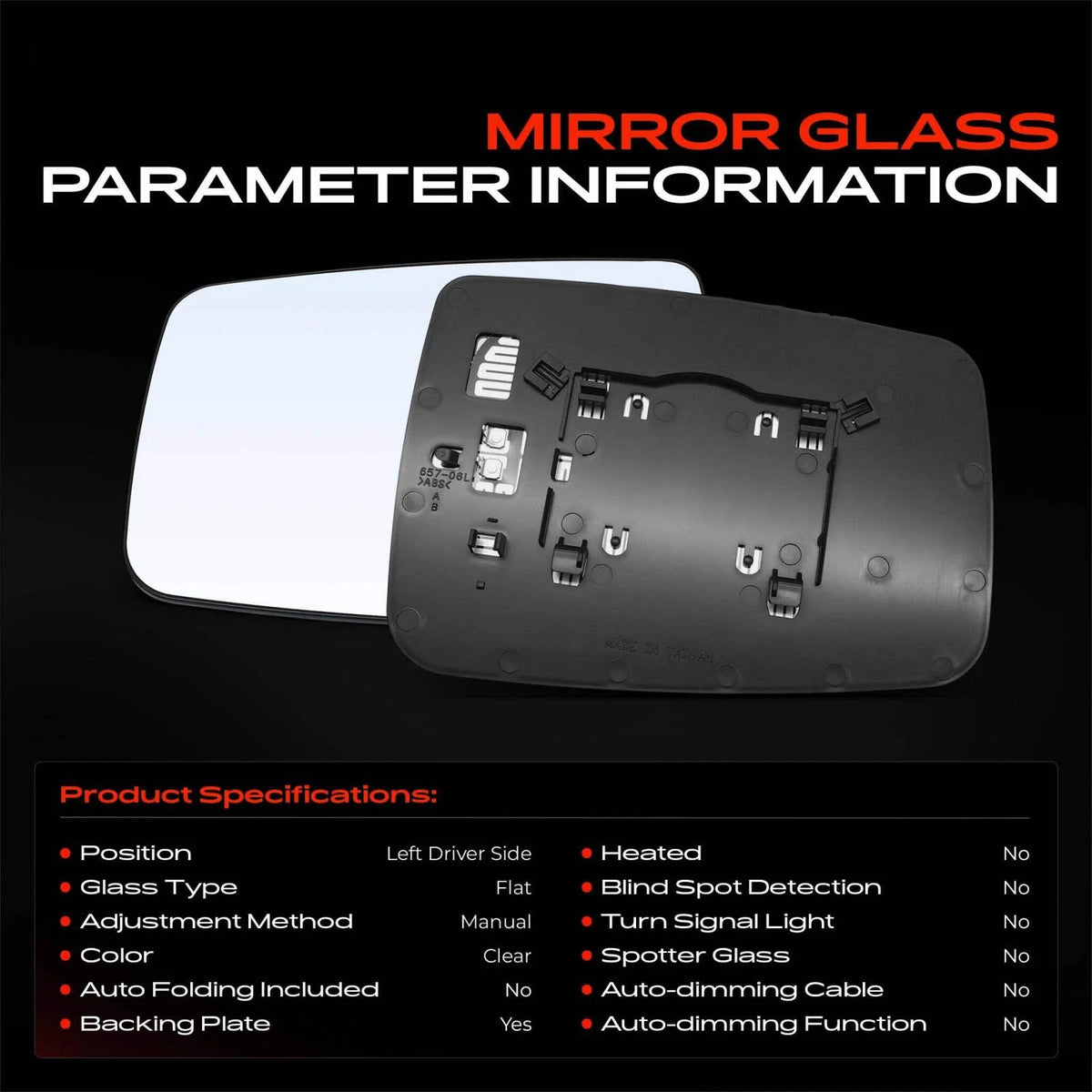 Driver Manual Mirror Glass for Ram 1500 2011–2024, 2500 2011–2018, 68050297AA, CH1324116