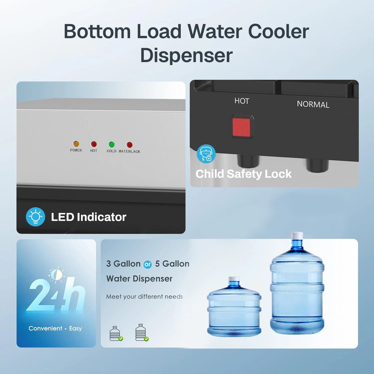 Bottom Load Water Cooler Dispenser with Lack Water Alert, 3 Temperature Set
