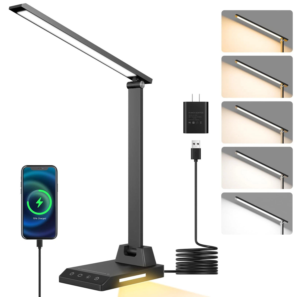 LED Desk Lamp with USB-C Charging Port, Dimmable 11.7 inches, Black