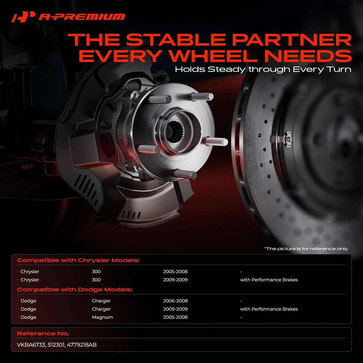 Rear Wheel Hub & Bearing Assembly for Dodge Charger 2006–2009, Chrysler 300, 4779218AB, VKBA6733, 512301