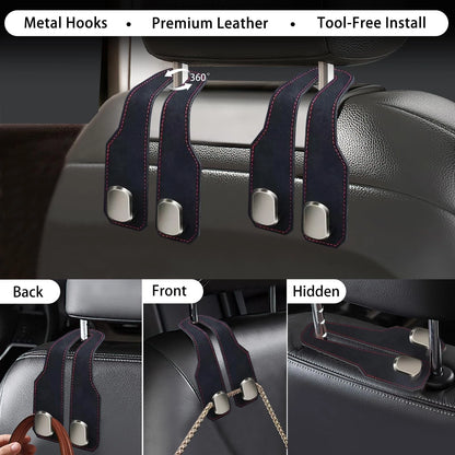 2Pcs Car Headrest Hooks for Universal Fit - Stylish Black Leather