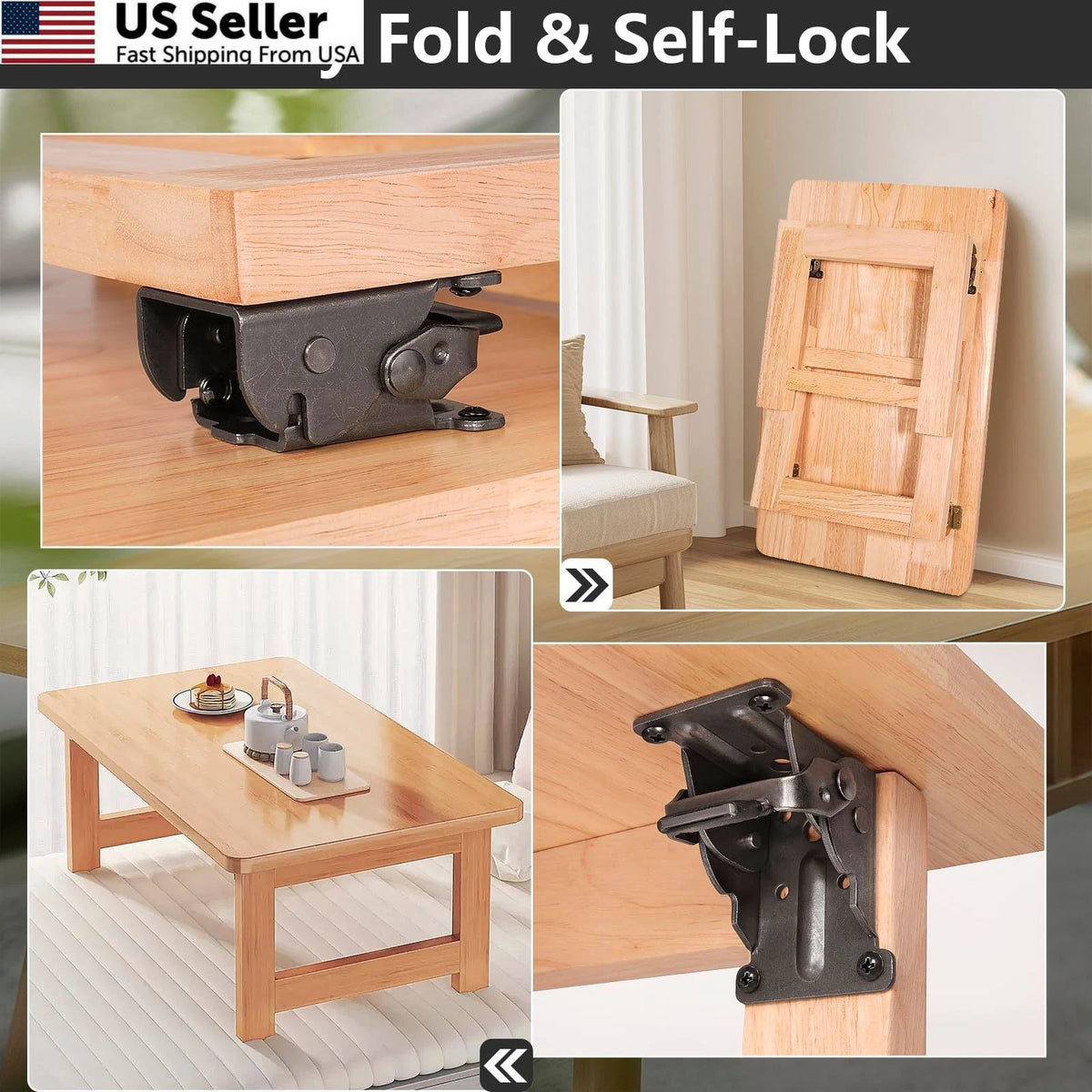 Set of 4 Folding Brackets with Screws for Table - Black