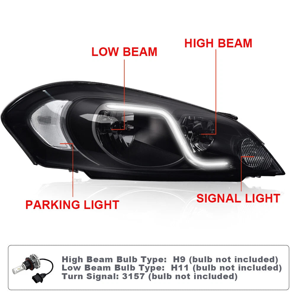 LED DRL Smoke Headlights for Chevy Impala/Monte Carlo (2006–2016) J-02HLA4538BSW, GM2503261, GM2502261