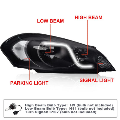 LED DRL Smoke Headlights for Chevy Impala/Monte Carlo (2006–2016) J-02HLA4538BSW, GM2503261, GM2502261