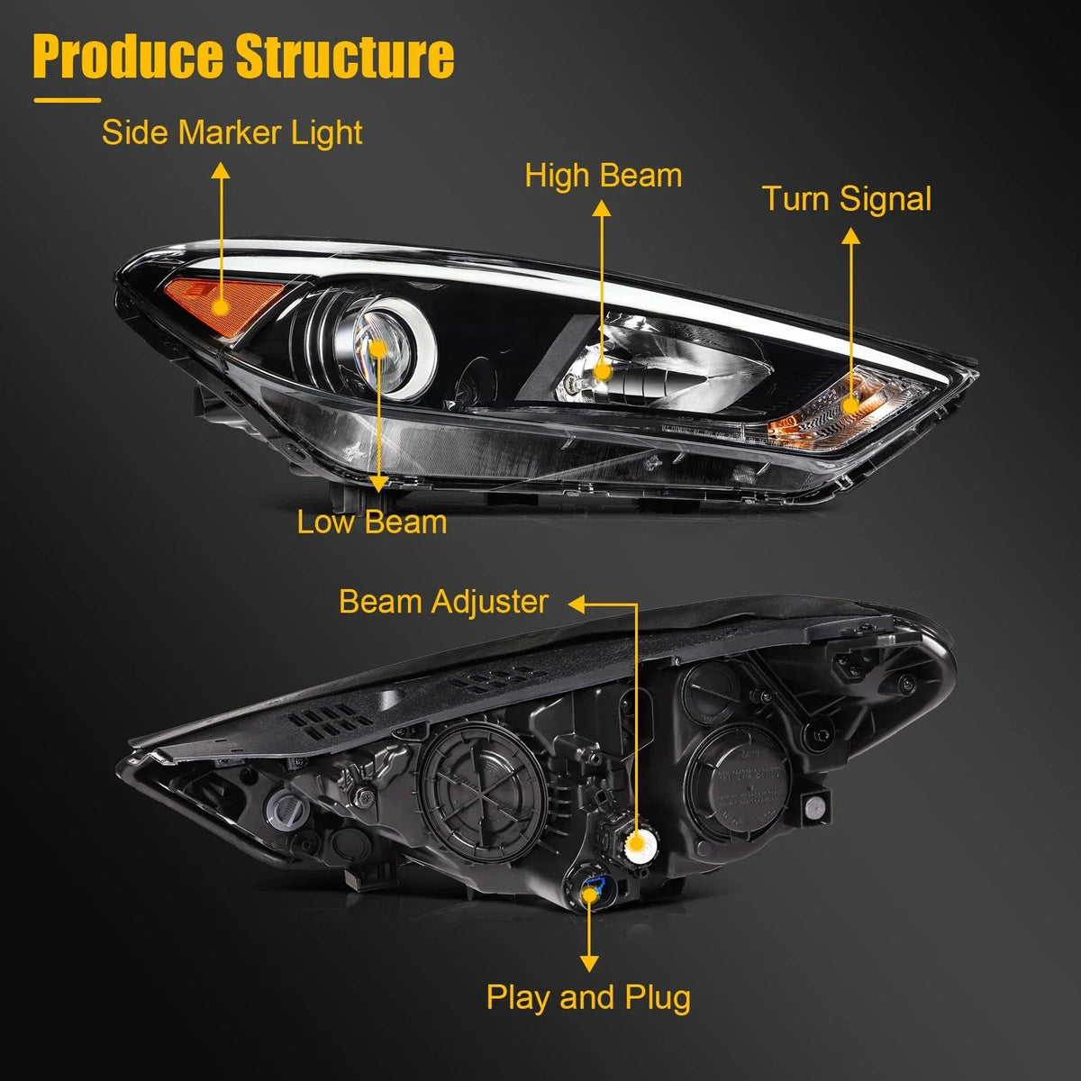 Pair Headlight Assembly for Hyundai Tucson (2016–2018) with Bulbs