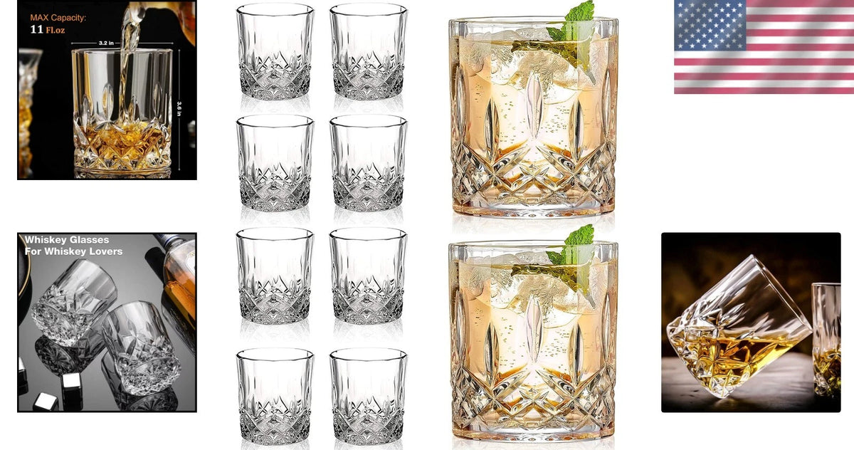Crystal Whiskey Glasses Set of 8 for Old Fashioned (11 OZ)