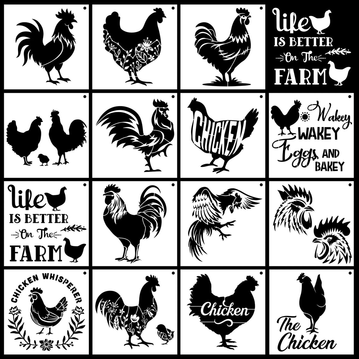 15 Pcs Farmhouse Chicken Stencils for Wood 6 Inches