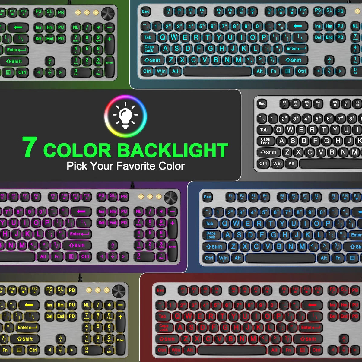 Large Print Backlit Keyboard with 7-Color Lighting, Wired USB
