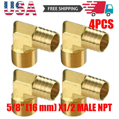 Set of 4 Brass 90 Elbow Hose Barb x 1/2 NPT Male Pipe Fittings