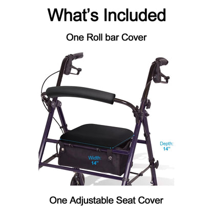 Set of 2 Rollator Walker Seat & Backrest Covers - Adjustable Black