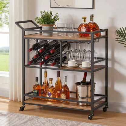 Bar Cart on Wheels with 3 Tier Wood Shelves for Home