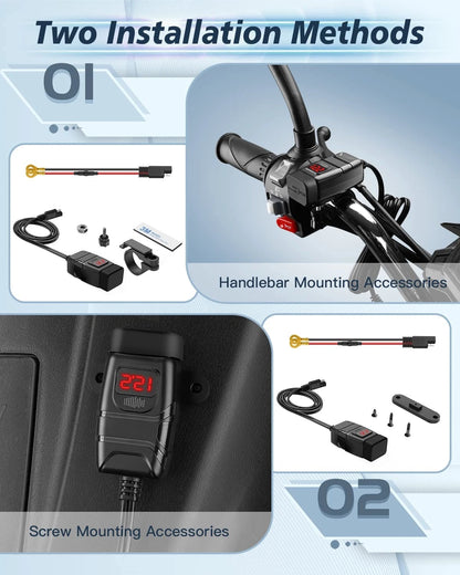 6.4A Dual Motorcycle Phone Charger with Red Voltmeter Display for Motorcycle