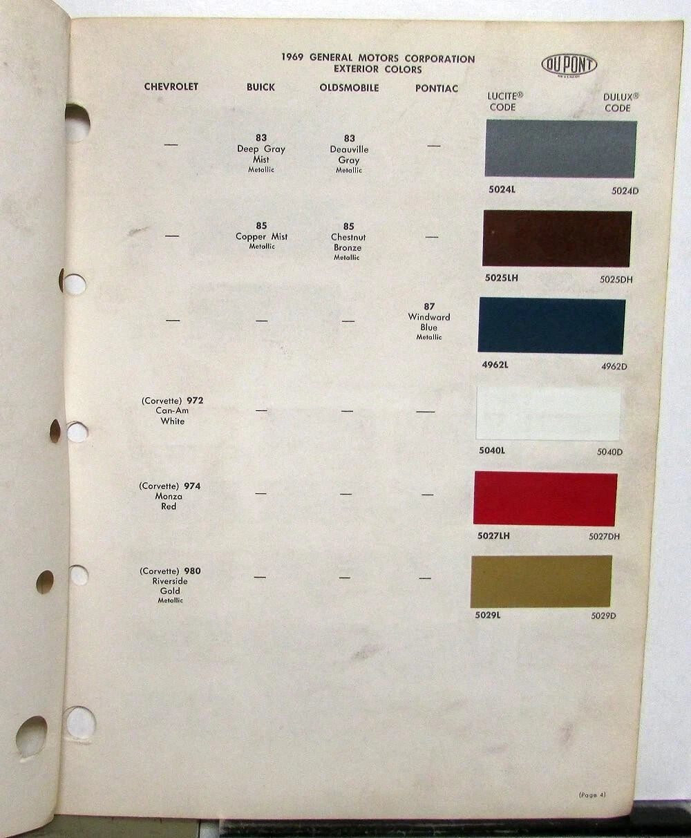 Paint Chip Color Samples for Pontiac Buick Chevrolet Oldsmobile Cadillac (1969)