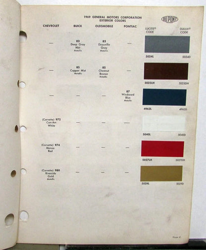Paint Chip Color Samples for Pontiac Buick Chevrolet Oldsmobile Cadillac (1969)
