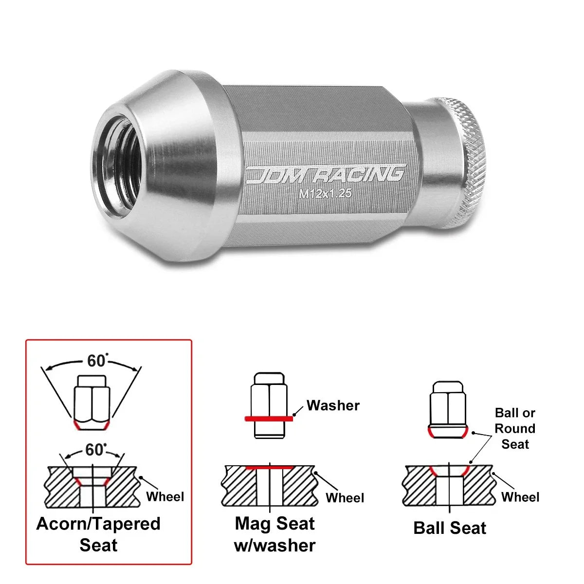 20Pc M12X1.25 Silver JDM Open-End Acorn Hex Wheel Lug Nuts + Extension 25mmx50mm