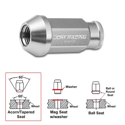 20Pc M12X1.25 Silver JDM Open-End Acorn Hex Wheel Lug Nuts + Extension 25mmx50mm