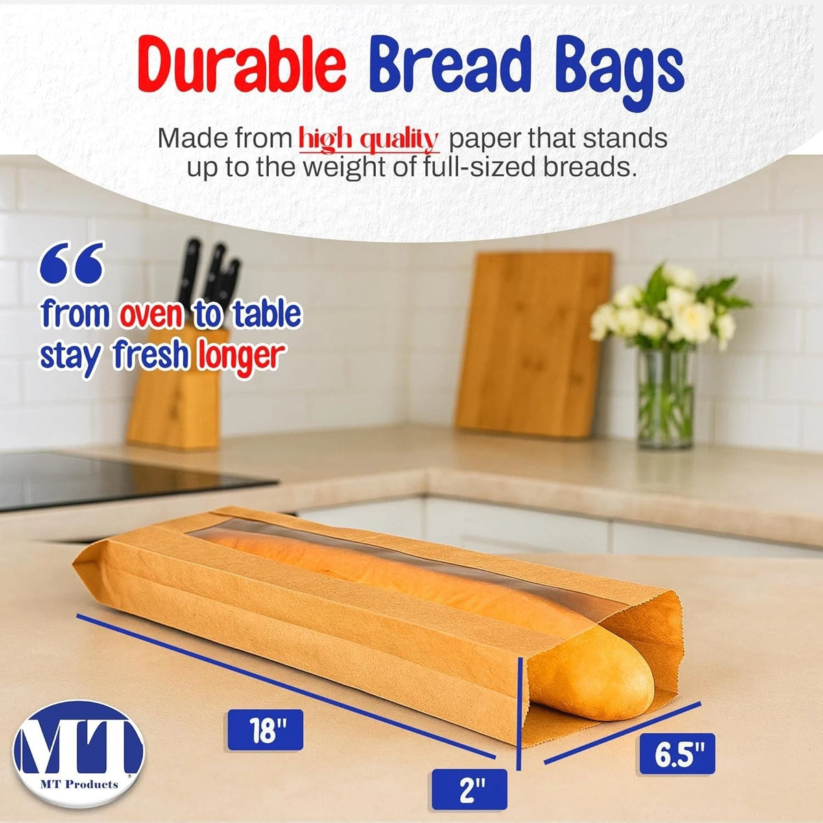 Pack of 50 Brown Bread Bags with Window 6.5" x 2" x 18"