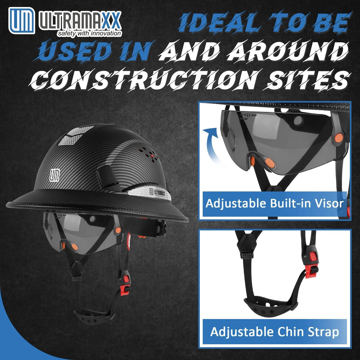 UM Ultramaxx Full Brim Hard Hat M/L Adjustable Matte Black Helmet