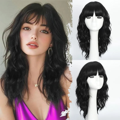 Black Wig with Bangs for Women (Short Wavy)