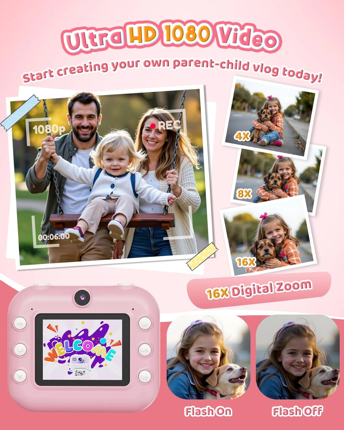 Dual Selfie Kids Camera for Instant Photography (1080P, Pink)