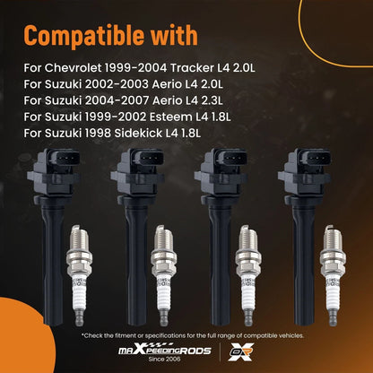 Set of 4 UF237 Ignition Coils & Spark Plugs for Suzuki Vitara Chevrolet Tracker (1999–2005)