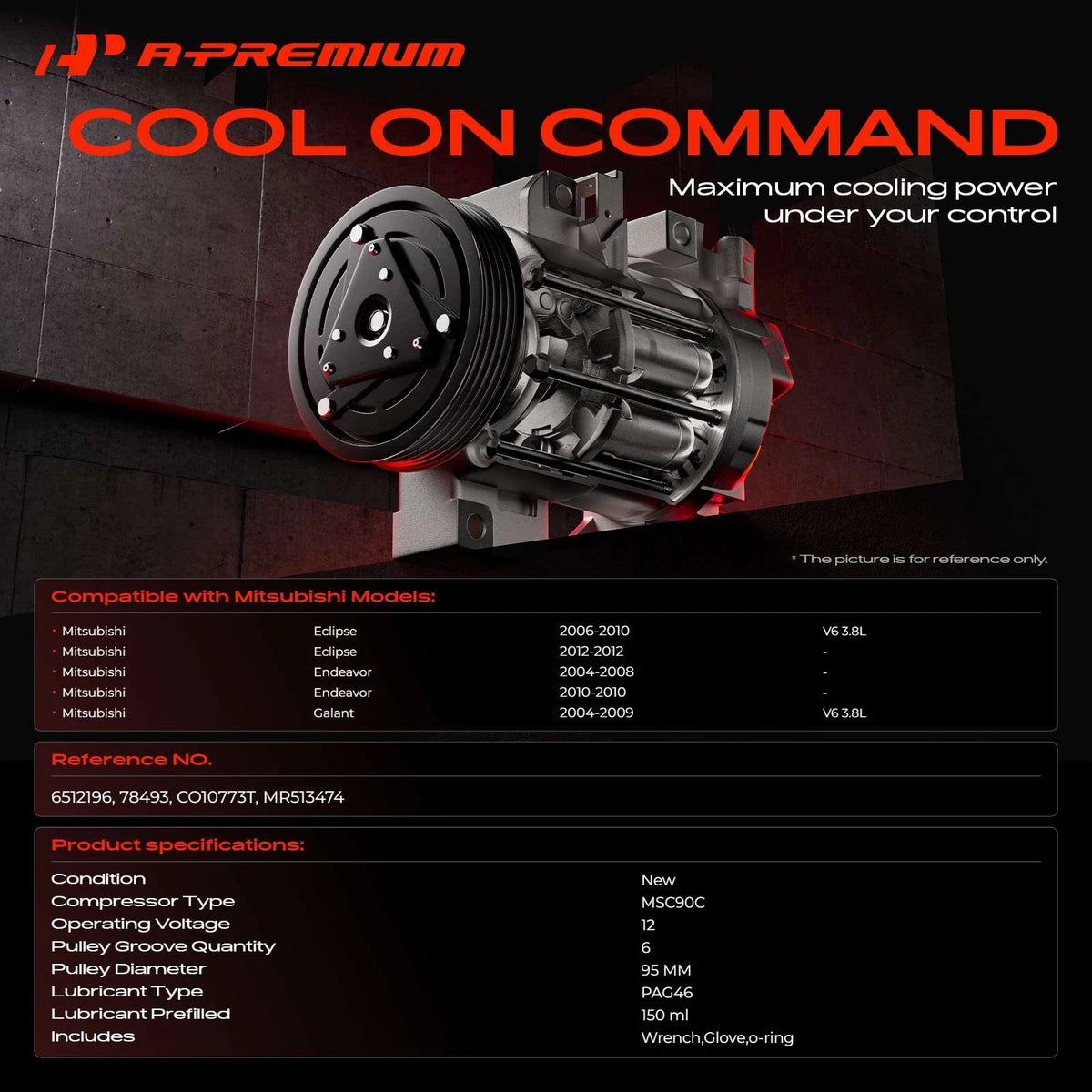 AC Compressor w/ Clutch for Mitsubishi Eclipse (2006–2010, 2012) 6512196, MR513474, 78493, CO10773T