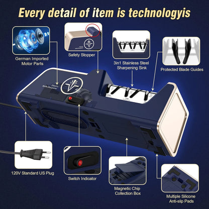 Professional Electric Knife Sharpener 3-Stage (Noble Blue & Noble Gold)