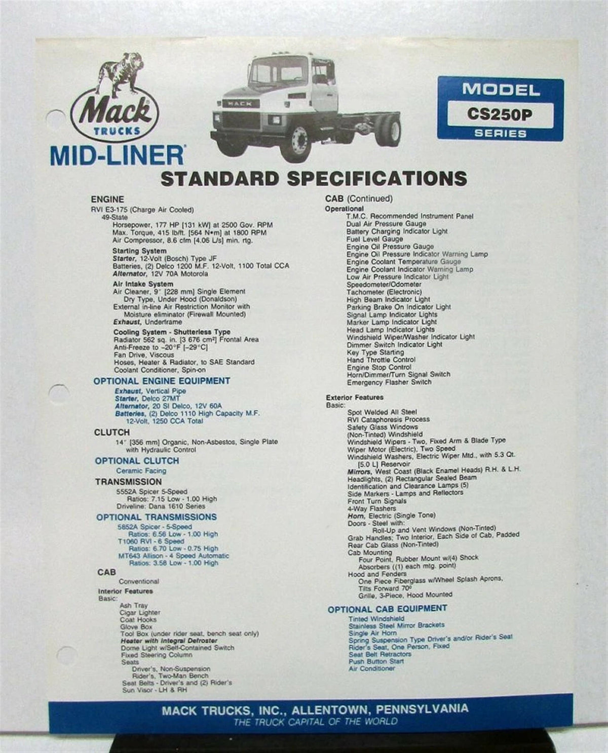 Mack Truck CS250P Specification Sheet (1988)