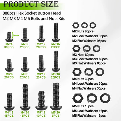 888PCS Metric Screw Assortment Kit for Various Applications (M2 M3 M4 M5)